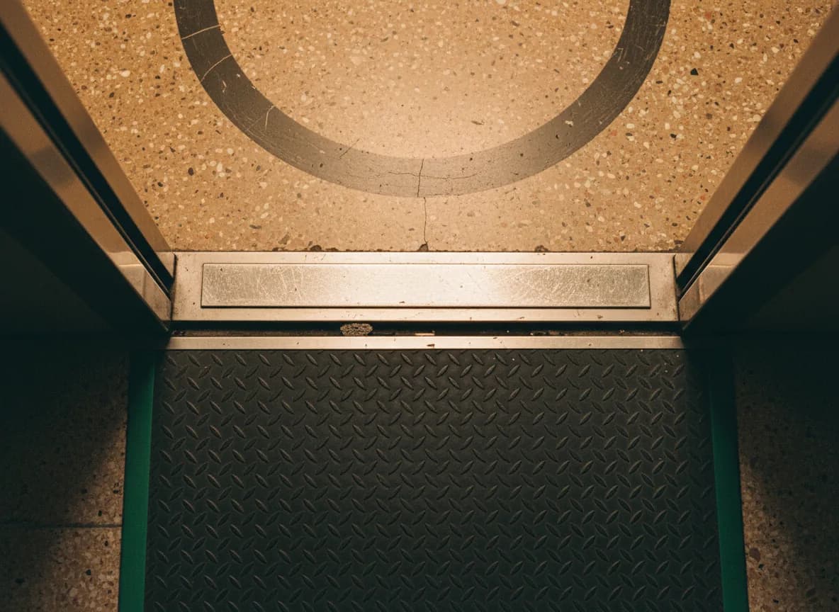 Umbral de ascensor desgastado en el centro por miles de pisadas, patrón de flujo como la calificación de leads con IA