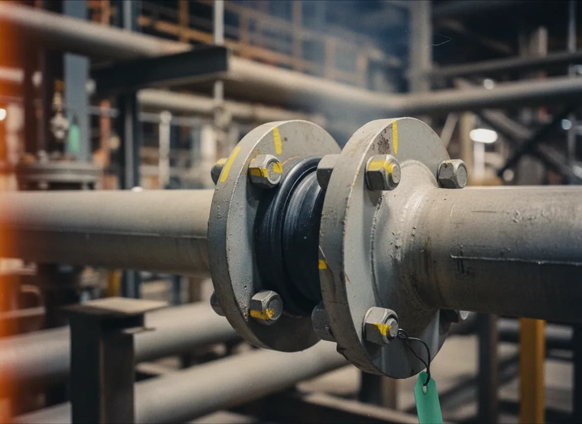 Junta de goma comprimida entre bridas de acero industrial, sello perfecto como el control de inventario automatizado