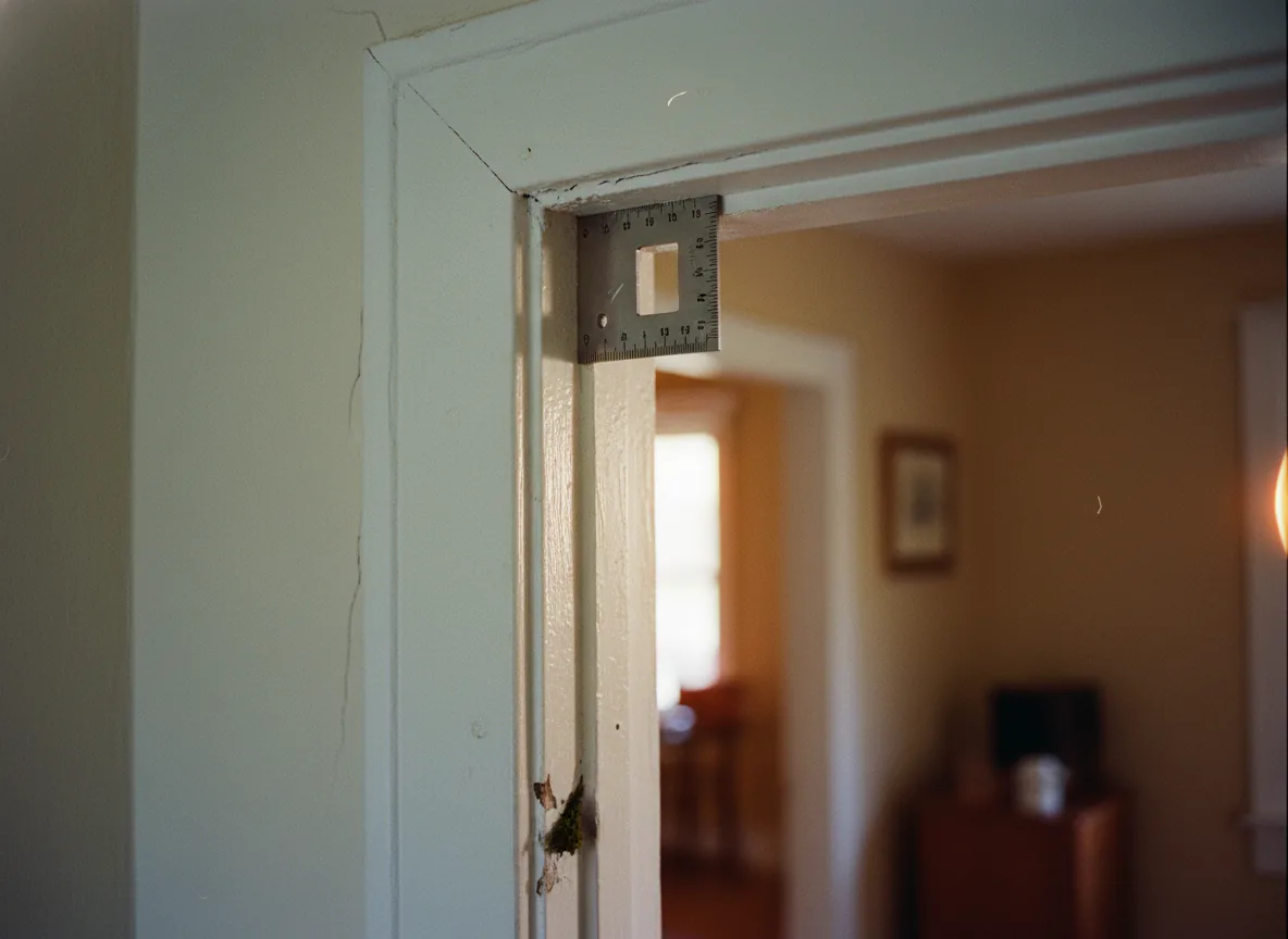 Marco de puerta perfectamente a escuadra verificado con herramienta, calibración precisa como el screening de candidatos con IA