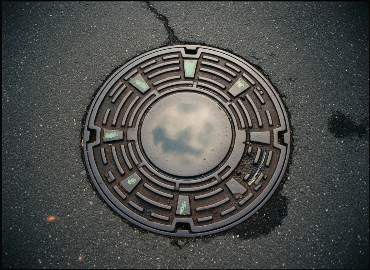 Tapa de alcantarilla desgastada por el uso, sistema invisible de reportería automatizada