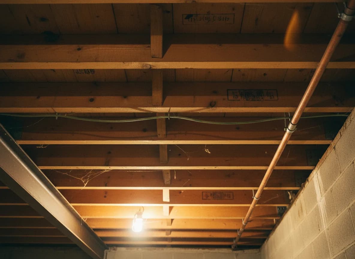 Vigas de madera de un sótano sosteniendo el piso superior, estructura de soporte como un programa de formación en IA