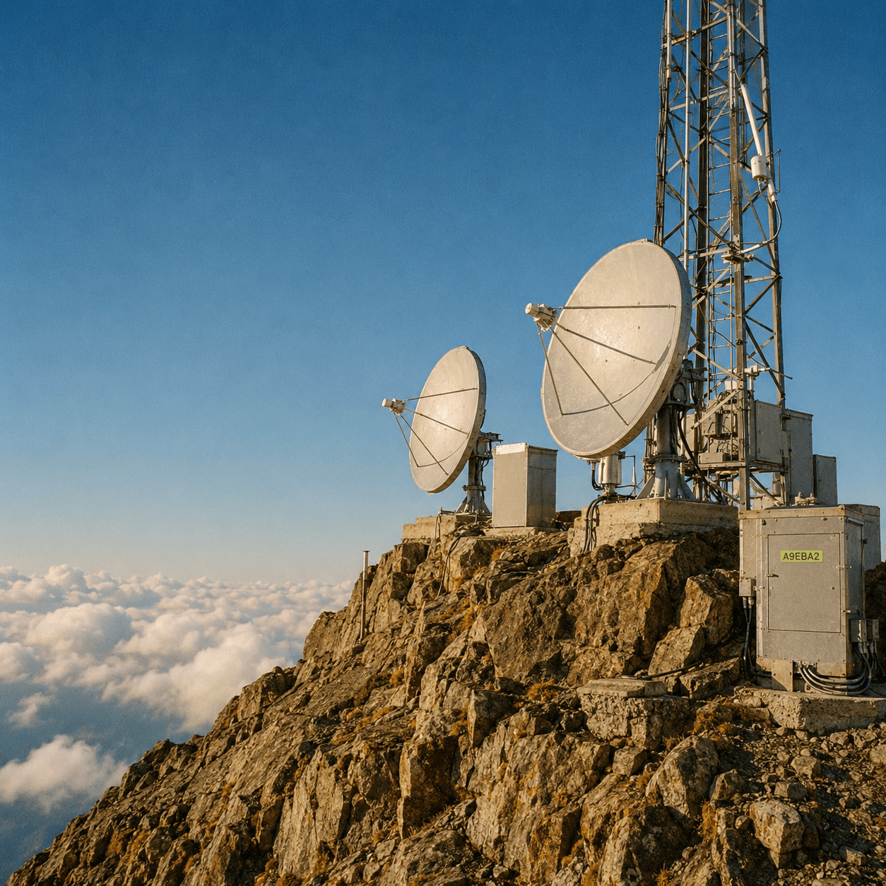 Antenas de comunicación en la cima de una montaña al amanecer