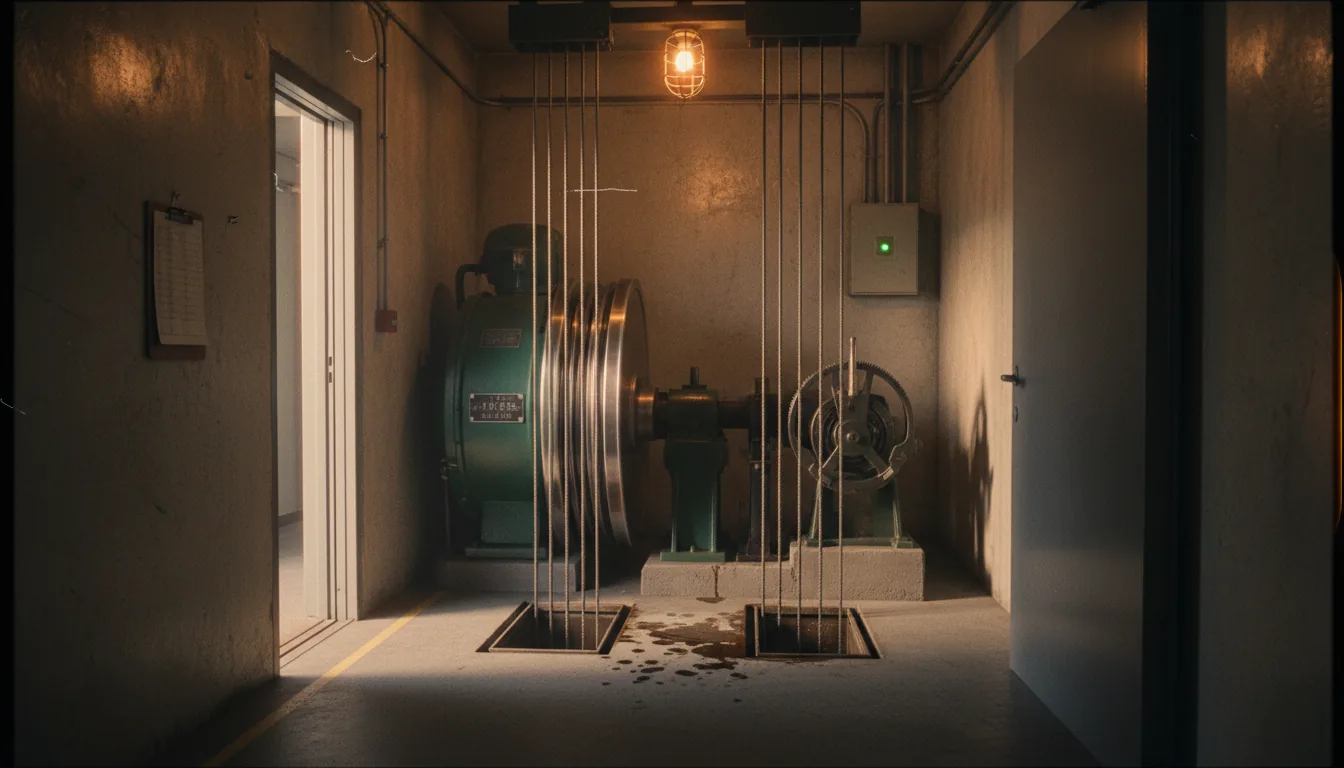 Cuarto de máquinas de ascensor con motor y cables, infraestructura que sostiene operaciones empresariales con IA