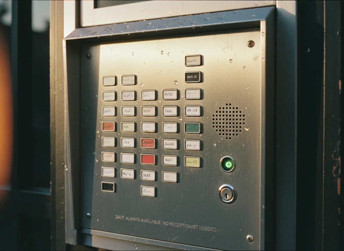 Panel de intercomunicador de edificio con botones y altavoz, sistema de respuesta automática como un chatbot de servicio al cliente