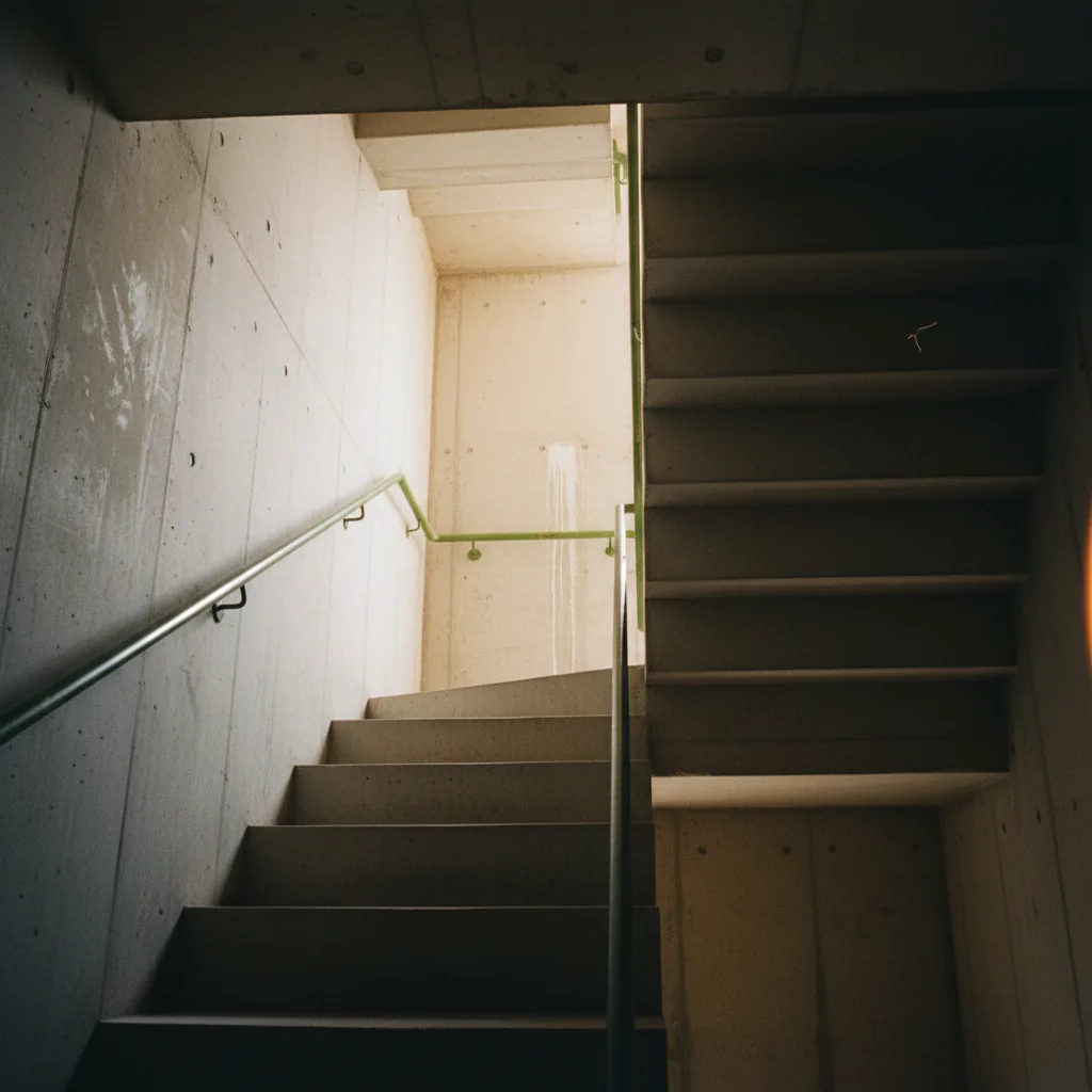 Parte inferior de escalera de concreto sin sujeciones visibles, camino estructurado hacia la implementación de IA